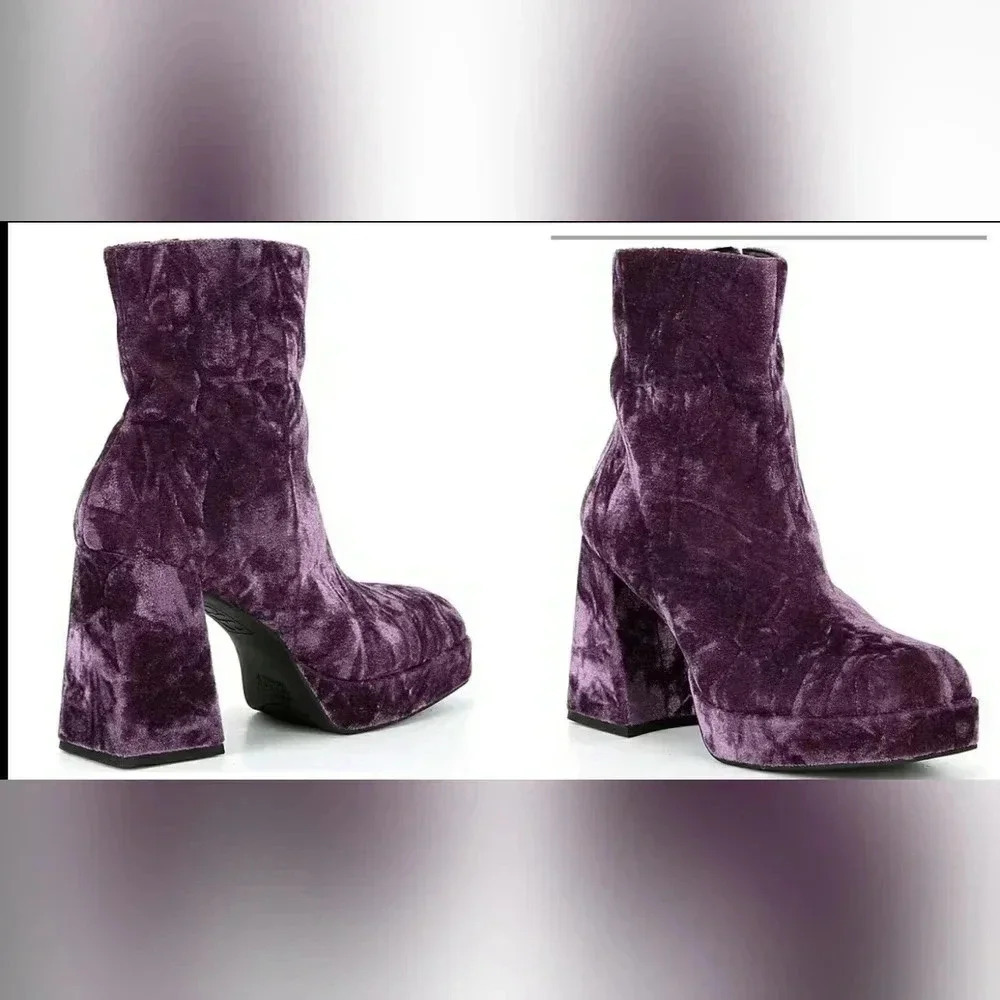 Funky Chunky Booties Boho Purple Velvet Retro Platform Block Heel New